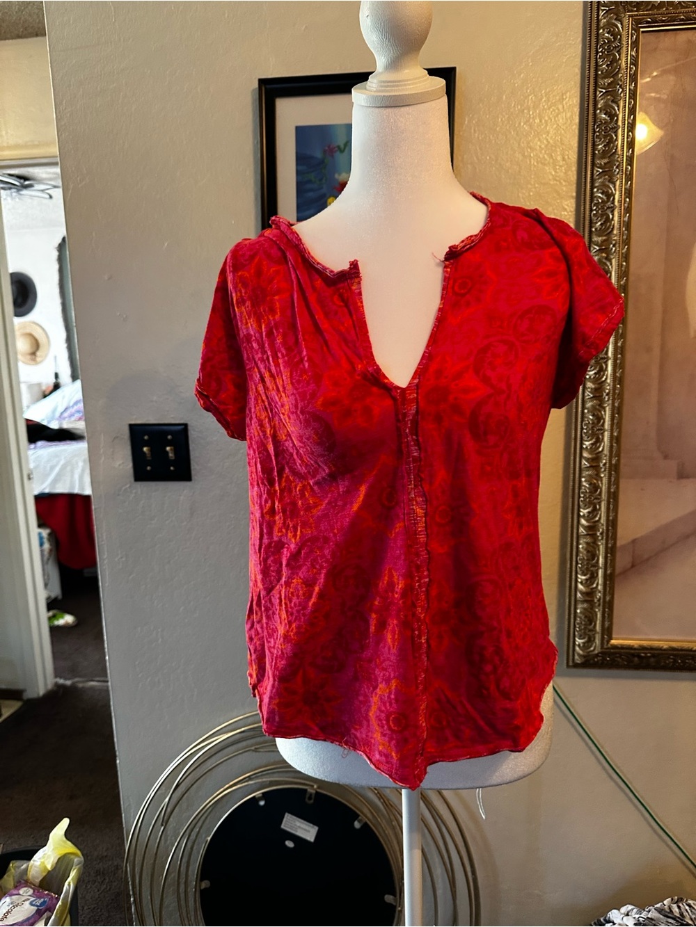 Anthropologie Red-Pink Short Sleeve Notched V-Neck Top